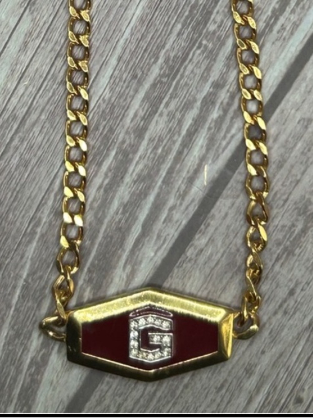 GIVENCHY VTG 1979 Gold Burgundy Enamel Rhinestone G Curb Link Necklace 70s